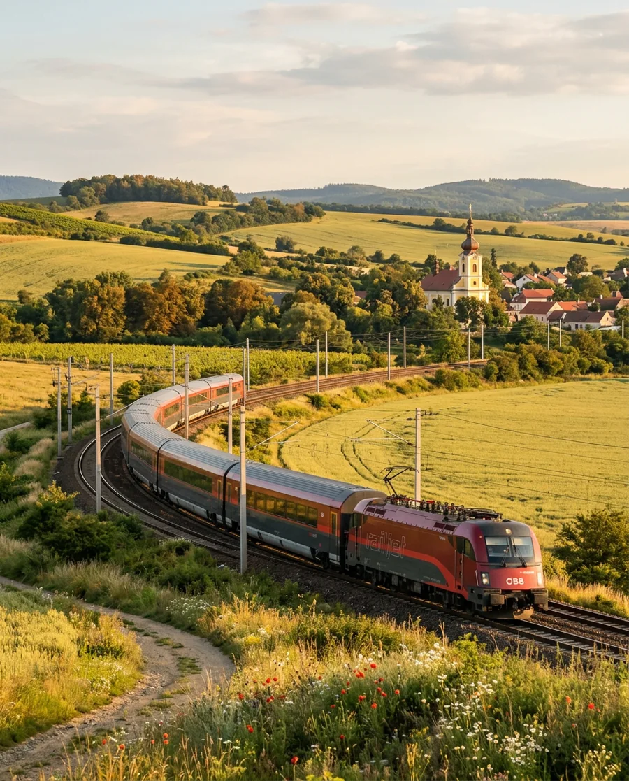 Red Railjet high-speed train curving through golden Moravian countryside on the Vienna to Prague line, a baroque village church in the distance