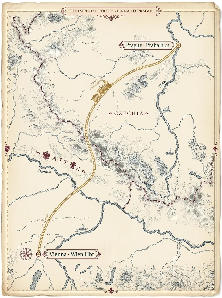 Illustrated engraved-style map of the direct Vienna to Prague train route — a single golden line from Wien Hauptbahnhof to Praha hlavní nádraží across Austria and Czechia, with the Danube and Vltava rivers marked and no intermediate stops