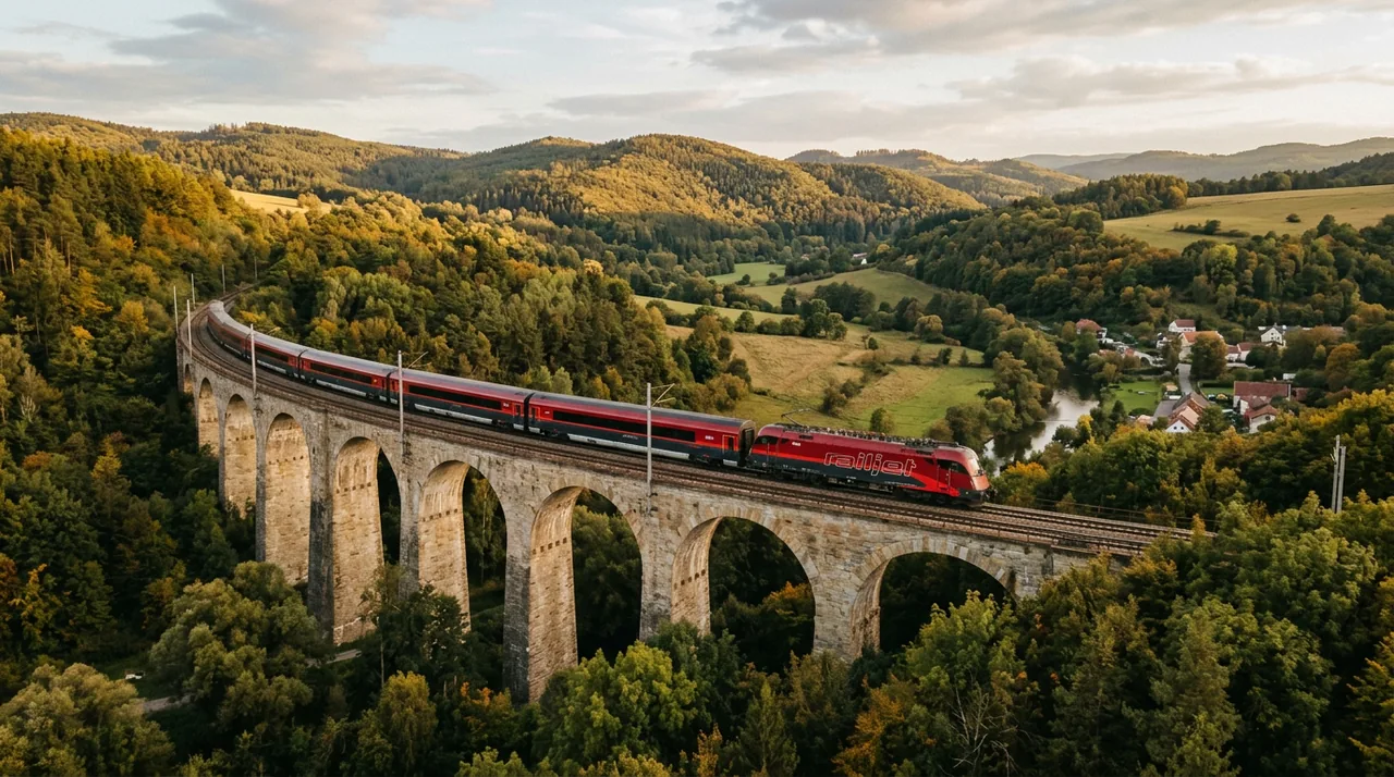 Red Railjet train crossing a stone arch viaduct through forested Bohemian hills at golden hour